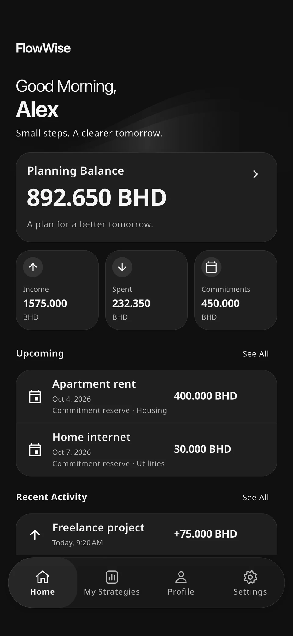 FlowWise Home in Dark appearance, with Planning Balance, income, spending and upcoming commitments