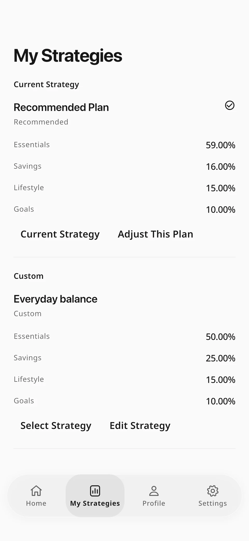 The real My Strategies screen with the active balanced plan and alternative strategies