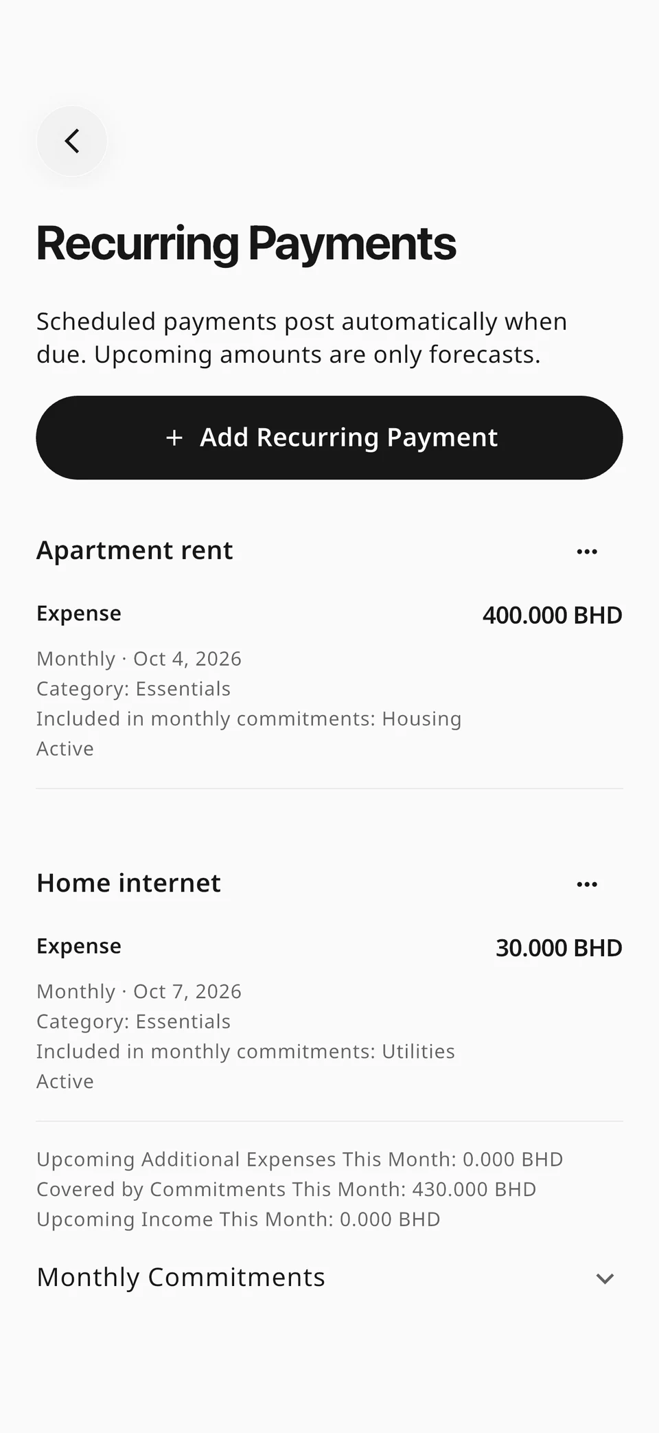 Recurring Payments showing upcoming rent and internet payments covered by commitment reserves